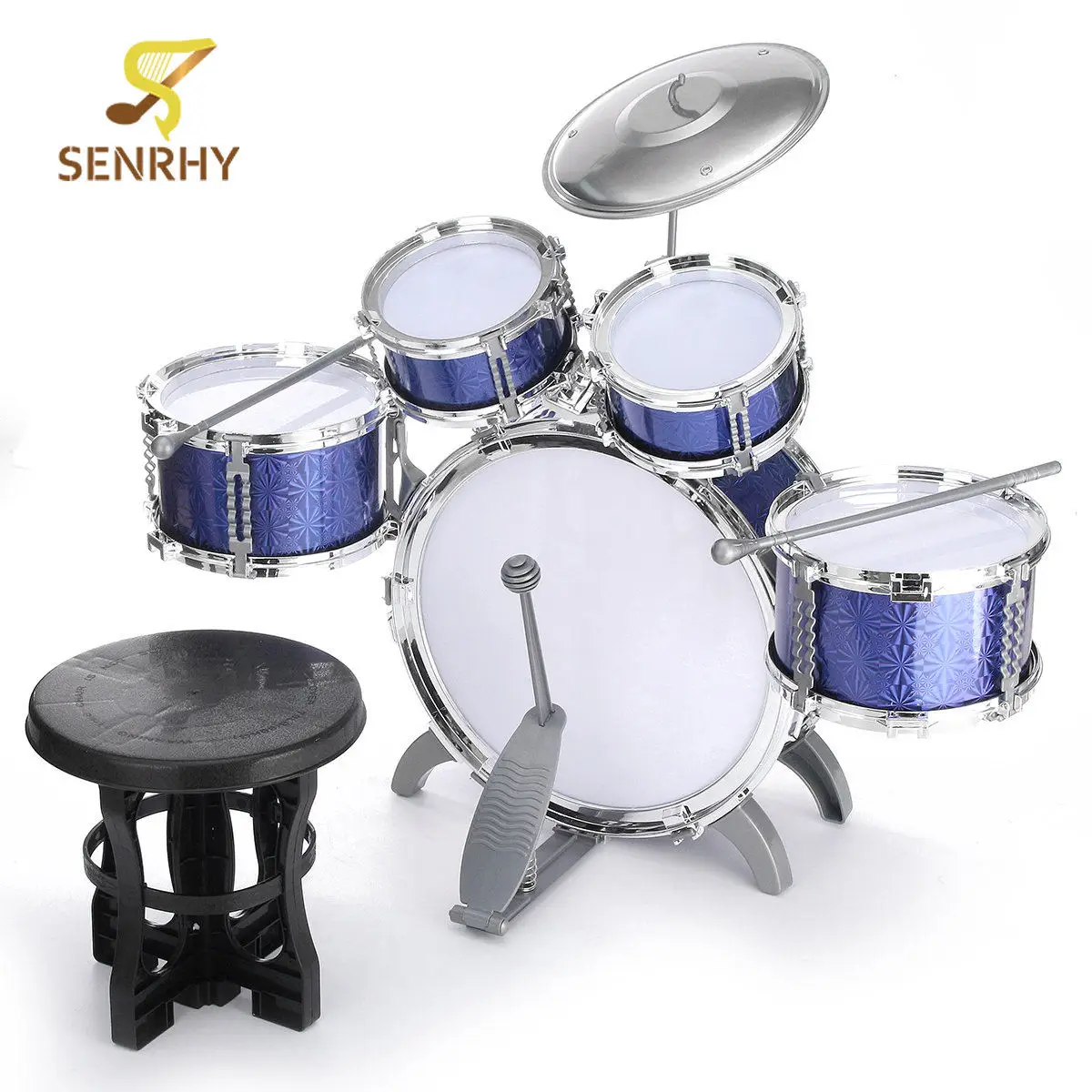 

SENRHY Blue Drum Set Kit Children Kid Musical Instrument With Stool Sticks Cymbal Gift Percussion Instruments Gift for Kids