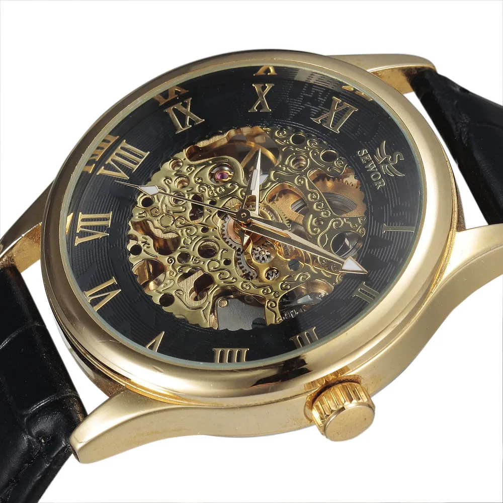 

New Fashion SEWOR Brand Skeleton Watches Men Male Business Clock Leather Band Cool Dress Gold Mechanical Wrist Watch Gift