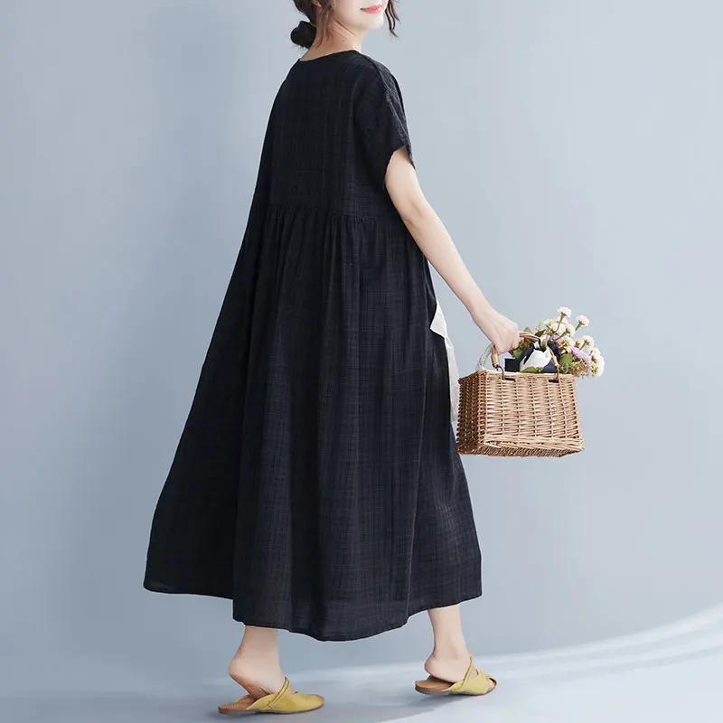 DIMANAF Plus Size Women Dress Summer Bowknot Cotton Linen Fashion Lady Vestidos Female Clothing Loose Casual Style Dress Black