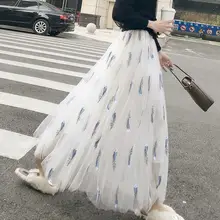 Белая длинная юбка для женщин Элегантный Saia Тюлевая юбка макси Jupe Femme сезон: весна-лето Высокая талия плиссированная уличная Faldas Q1242