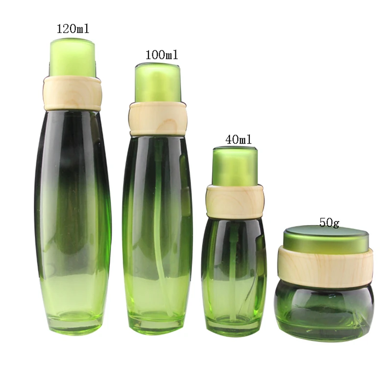 

Free Shipping 4pcs/set Green Glass Lotion Pump Bottle Refillable Perfume Bottle Cream Jars Empty Cosmetic Packaging Travel Set