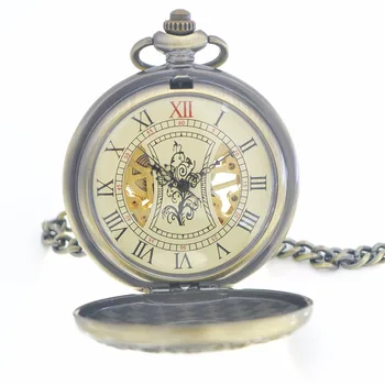 

Mens BronzeTone Hollow Case Hand Wind Mechanical Mens Pocket Watch Skeleton Steampunk Wooden Style W/ Chain New Nice Gift