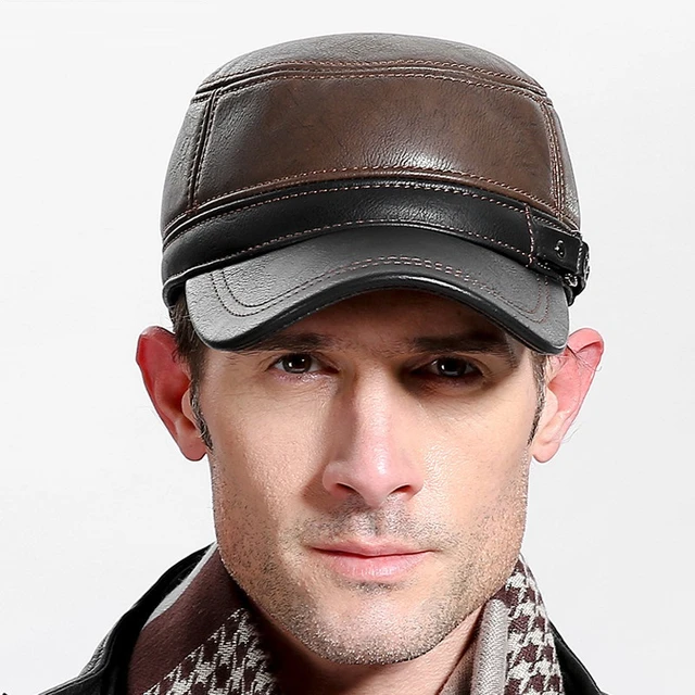 Cowskin Genuine Leather Baseball Caps Men Warm Earflap Hat Cowhide