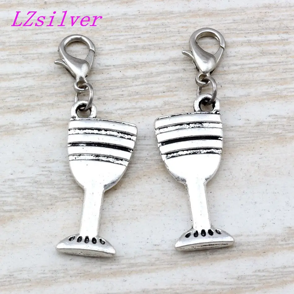 50pcs Tibetan Silver Zinc Alloy Goblet Wine Glass Cup Charms With Lobster Clasp Fit Charm Bracelets DIY Jewelry 12x42mm A-112b