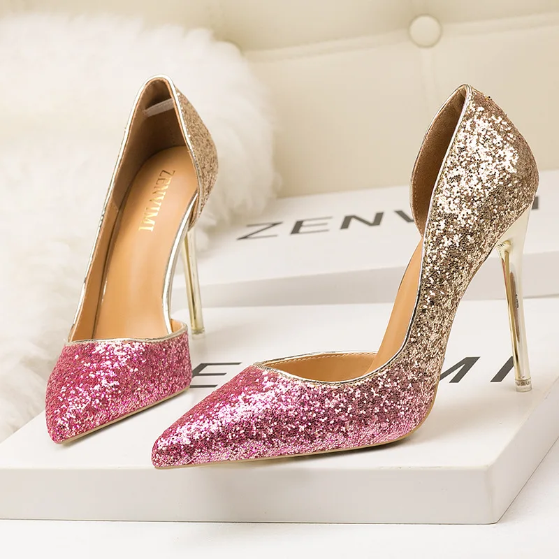 

New Style Sexy Nightclubs Thin Women Shoes with Stiletto High-heeled Shallow Mouth Pointed Side Hollow Sequined Single Shoes