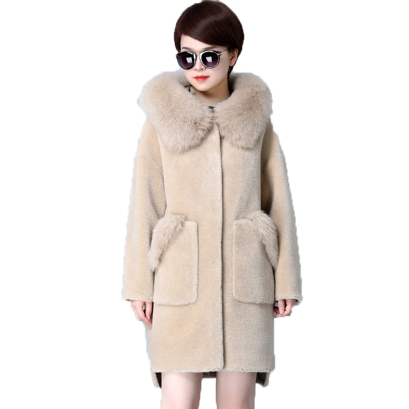 Hiver Manteau À Femmes Capuche Beige Automne Manteaux marron Renard Moutons Laine Mouton Peau De Z824 Nouveau Mince Fourrure Veste 100 Européenne Réel En qf5w8x8pP