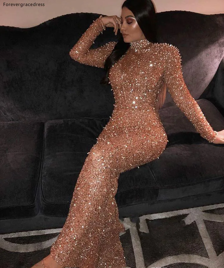 Blingbling Gold Sequins Mermaid Long Sleeves Evening Dresses Sexy Tassel Backless High Neck Evening Prom Gowns Formal Pageant BC0588  148 (3)