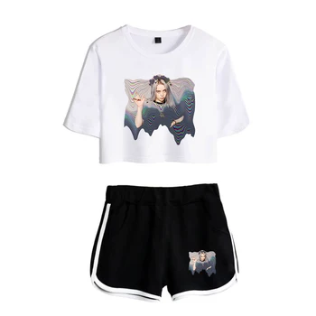 

Women's two-piece sets New Hot Summer print Billie Eilish Exposed Navel whiteT-shirt +black short pants girl's two-piece sets