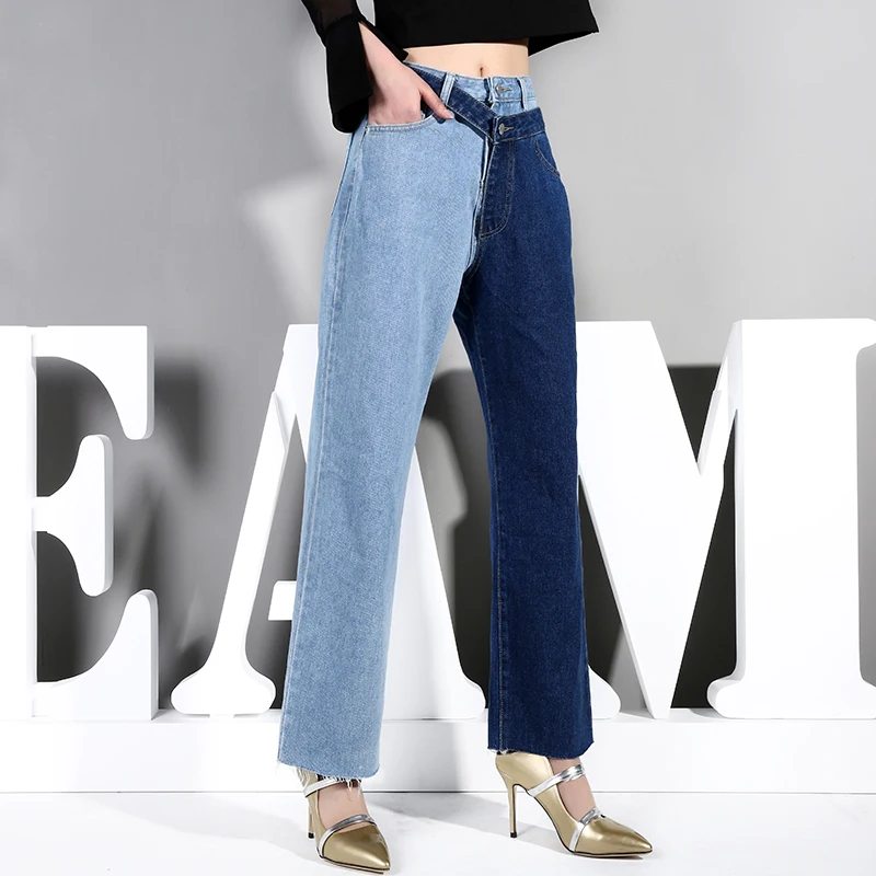 [EAM] Новинка Осень Зима Высокая талия синий хит цвет две части стежка карандаш брюки женские джинсы брюки Мода волна SC08