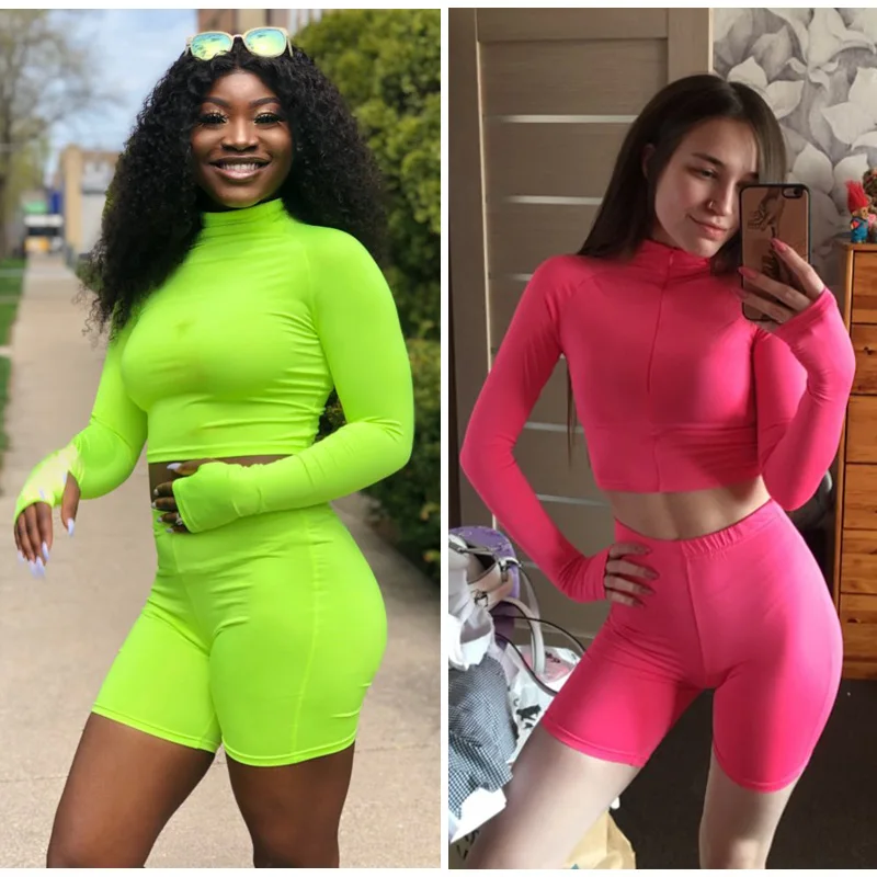 

2 Piece Set Women Sexy Long Sleeve Top Biker Shorts Track Suit Skating skiing Long sleeve T-shirt For Women Spring Shorts