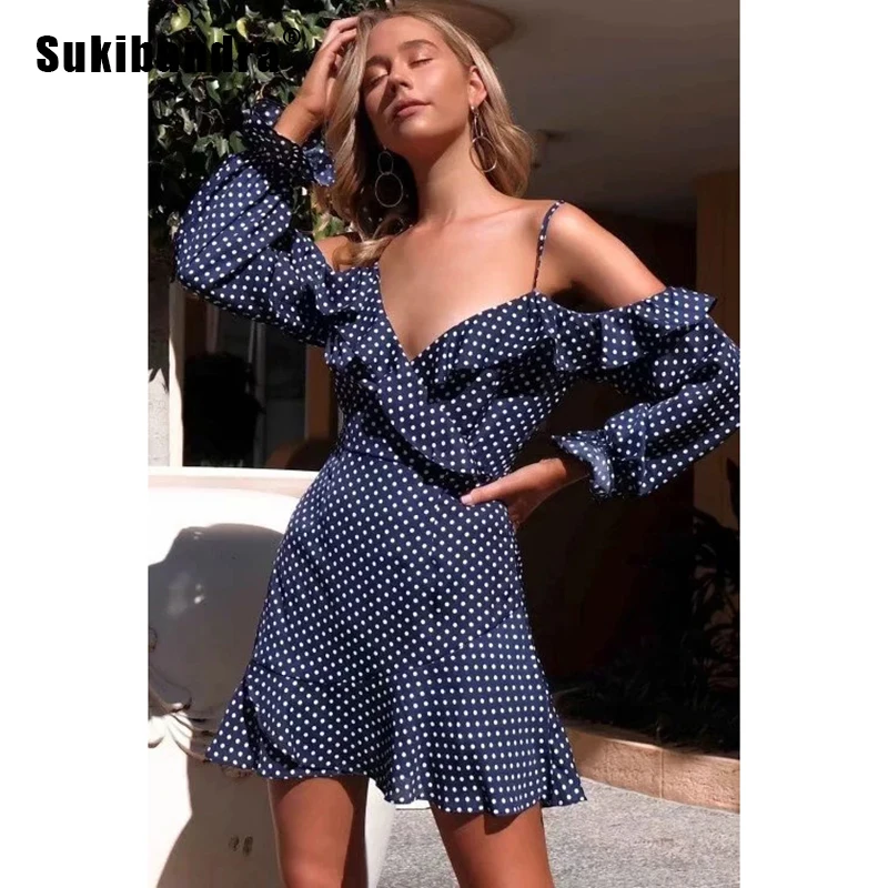 

Sukibandra 2018 Long Sleeve Polka Dot Print Cold Shoulder Ruffle Short Vintage Women Dress Summer V Neck Retro Navy Blue Dresses