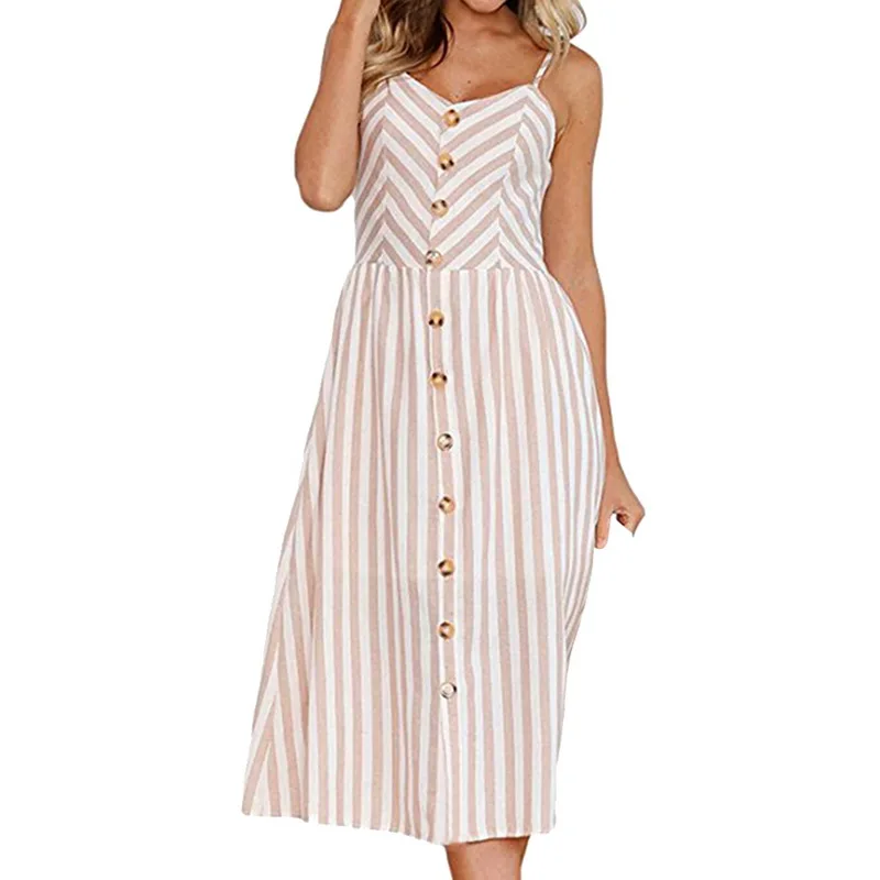 LASPERAL Бохо сексуальное платье повседневное винтажное женское летнее платье миди на пуговицах с открытой спиной в горошек полосатые пляжные платья Сарафан - Цвет: A Coffee Stripe2