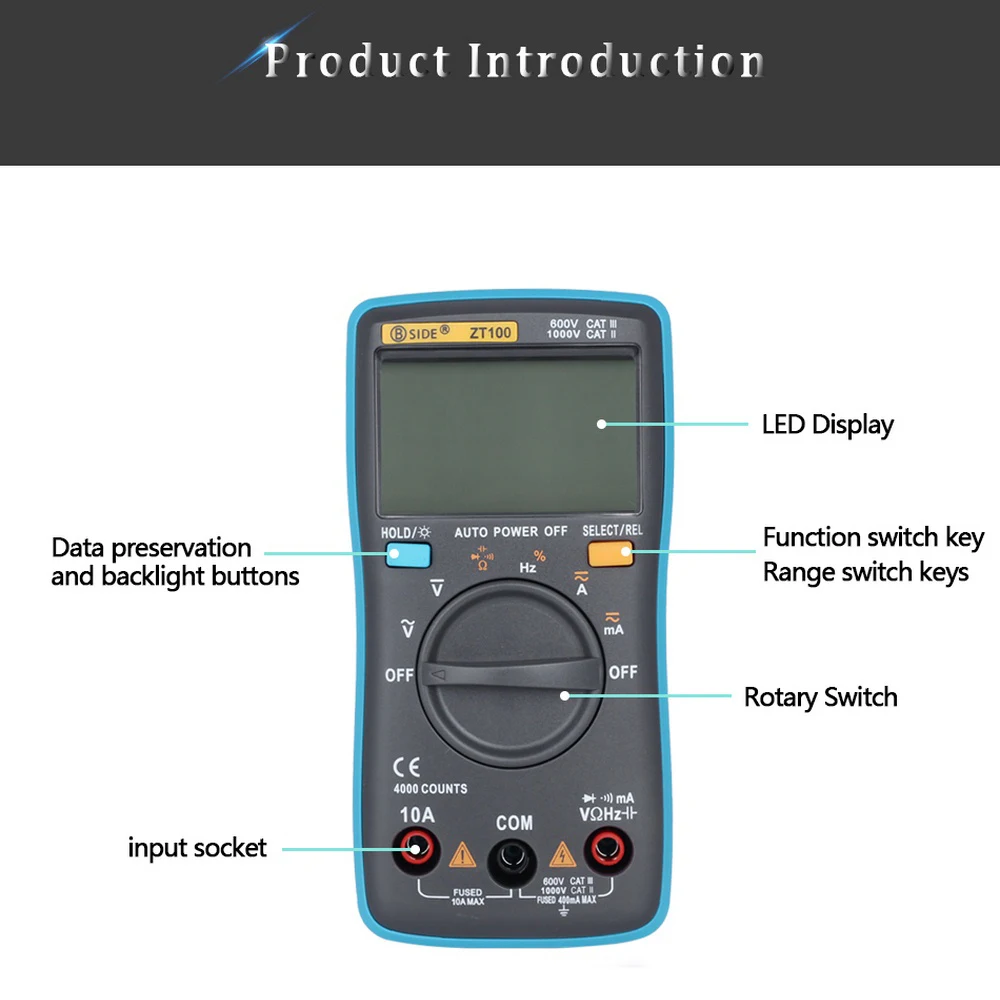 BSIDE ZT100 Цифровой мультиметр True RMS мультиметр с автоматическим выбором диапазонов Вольтметр Амперметр температура емкости Ом Гц бесконтактный Тестер Напряжения