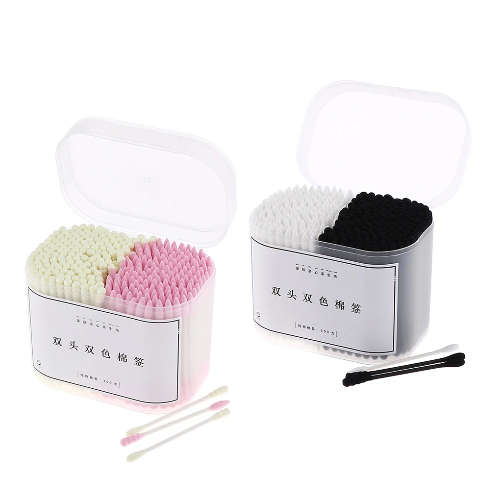 300Pcs Double Headed Paper Stick Cotton Swabs Buds Round Pointed Spiral Tips Makeup Tools, 2 Colors