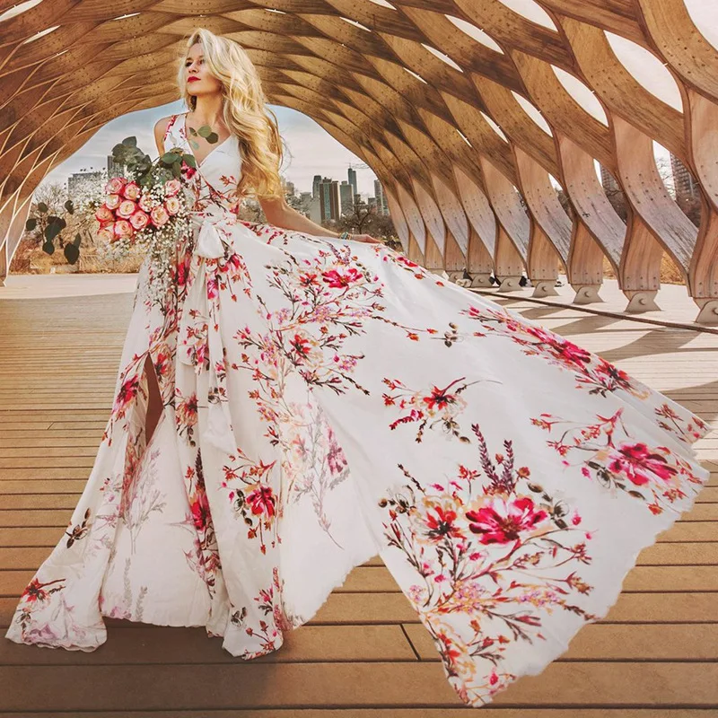 

Elegant Summer Bohemian Beach Dress Spaghetti Strap Print Maxi Women Dresses Casual Holidays Vestidos Verano 2019