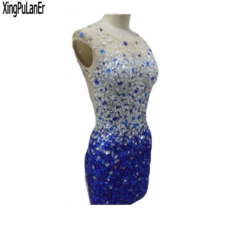 Потрясающий настоящий образец Весна xply модный дизайн прямой колпачок рукав полная вышитая ткань с синим бисером кристаллы Короткие вечерние платья