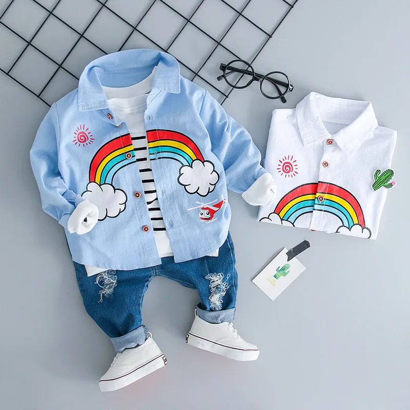  Children Clothing Spring Autumn Baby Girls Boys Fashion Clothes Rainbow Lapel Shirt Holes Jeans 2Pc