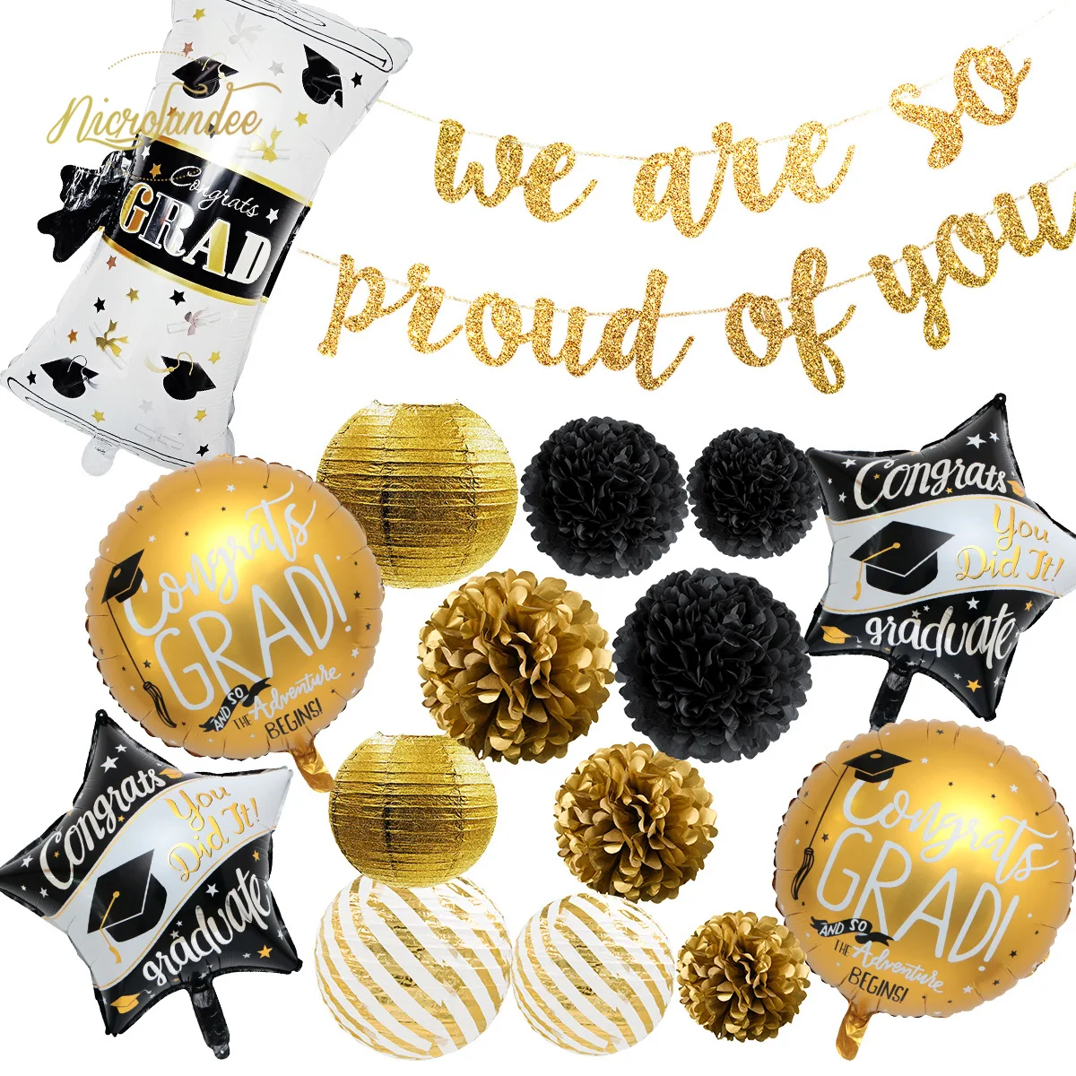 

NICRLANDEEE 16 pcs/set 2019 Graduation Black Gold Congrats Grad We Are So Pround of You Party Decor Kit Home Decoration DIY