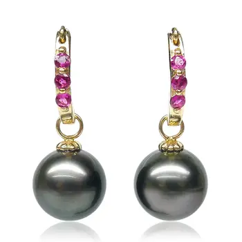 

Free Shipping 14K Yellow Gold AAA Black Tahitian Cultured Pearl Real Ruby Drop Earrings 10.2MM