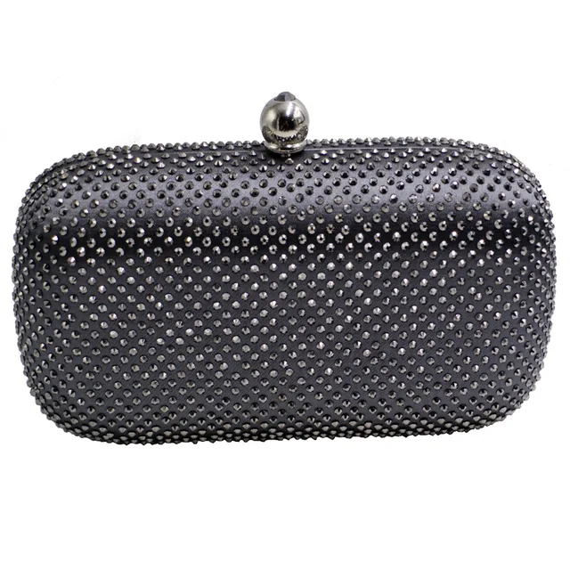 Gunmetal Grey Oval Hard Case Crystal Box Clutch Rhinestone Evening Bag