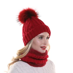 Winter Fleece Inside Warm Scarf Hat For Women Real Fur Pompom Beanie Twist Knitted Hat And Scarf Set