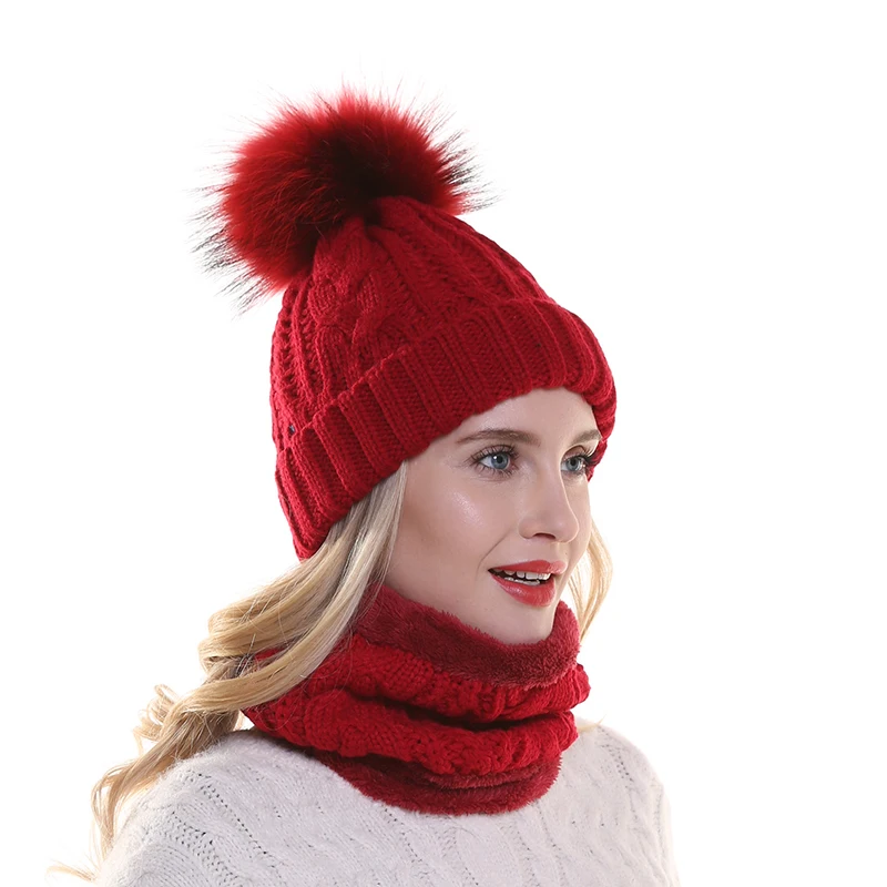 Зимняя флисовая внутри теплая шапка и шарф набор для женщин Мех животных помпоном шапочка толстые вязаная шапка из крученой пряжи комплект