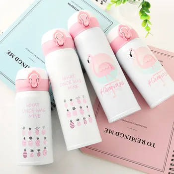 

350ML 500ML Thermocup Bouncing Cover Bottle Vacuum flask Flamingo Pattern Thermal Mug Travel Thermos Cup Stainless Steel