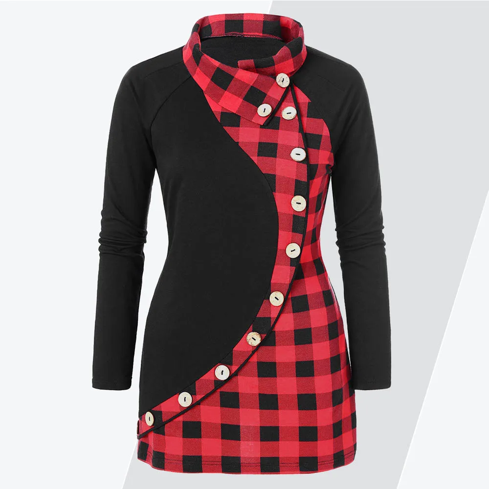 

Rosegal Plus Size Plaid Print Buttons T-Shirt Women Tops Casual Stand-Up Collar Long Sleeve T Shirt Big Size 5XL Ladies Clothes