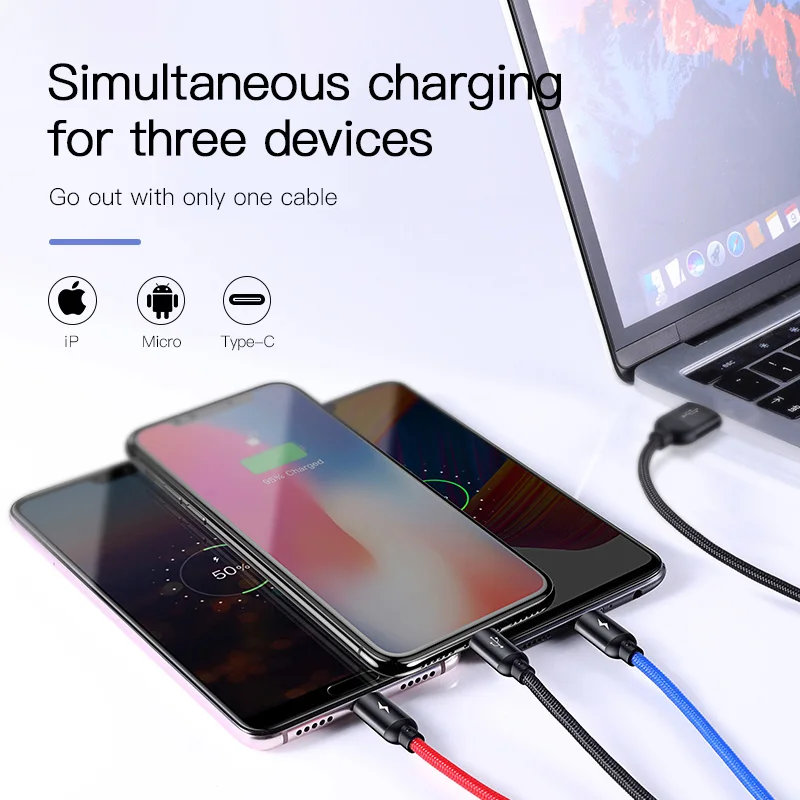 Baseus 3 في 1 كابل يو اس بي ل فون سامسونج Xiaomi متعددة سريع شحن شاحن USB نوع C نوع-c المصغّر USB كابل للهاتف المحمول