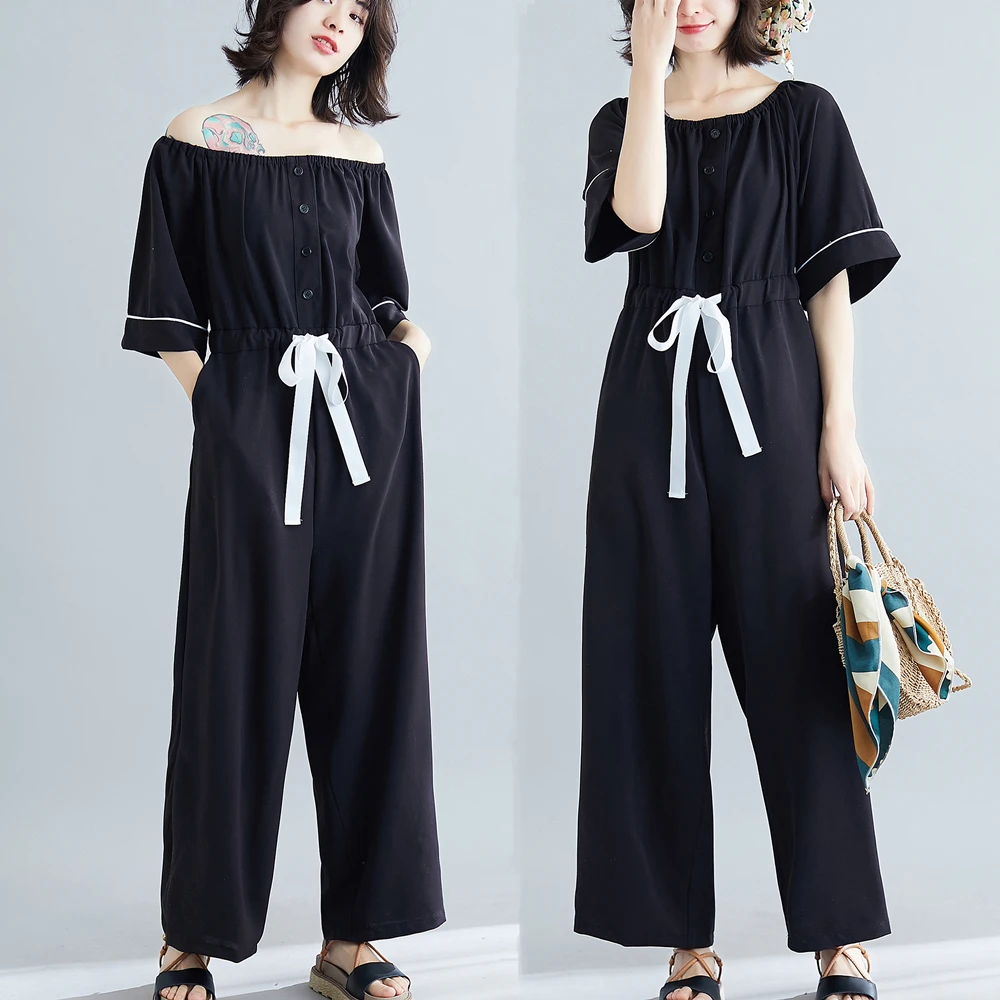 

#1221Black Jumpsuits Woman Waist Elastic O-neck Jumpsuit Women Short Sleeve Full Length Jumpsuits Lady Casual Loose Summer Thin