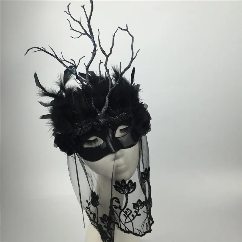 Европа и США Новая мода перо ветви мужчины и женщины пара маски Бог секрет Черная вуаль бар шоу маска