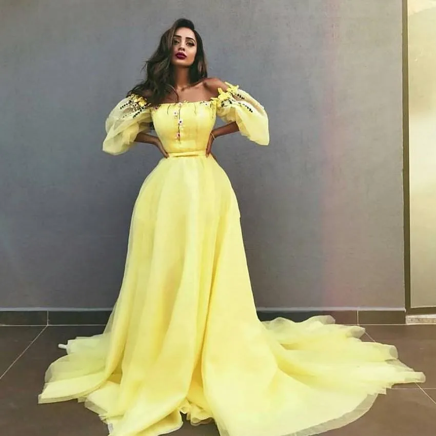 off the shoulder yellow gown