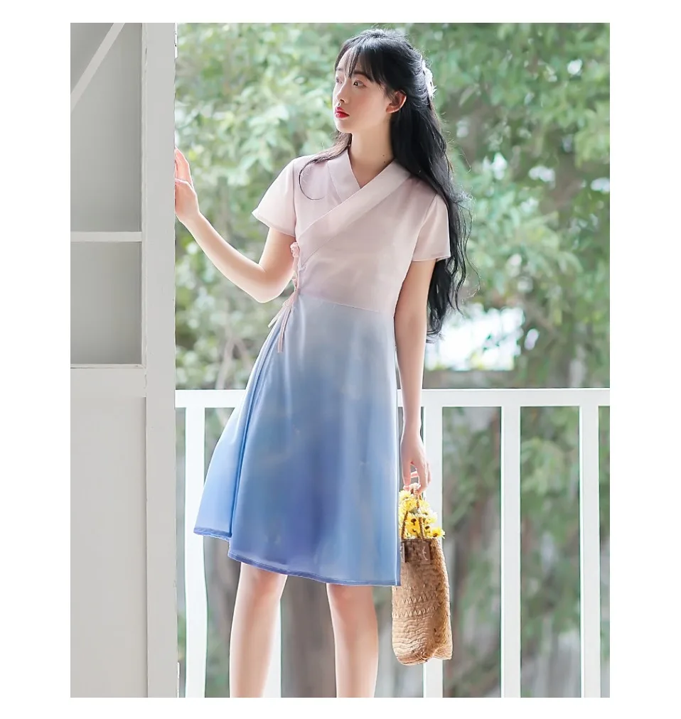 Pink Blue gradual change Print dress Retro Young girl student short sleeve dresses vestidos summer A-Line dress women