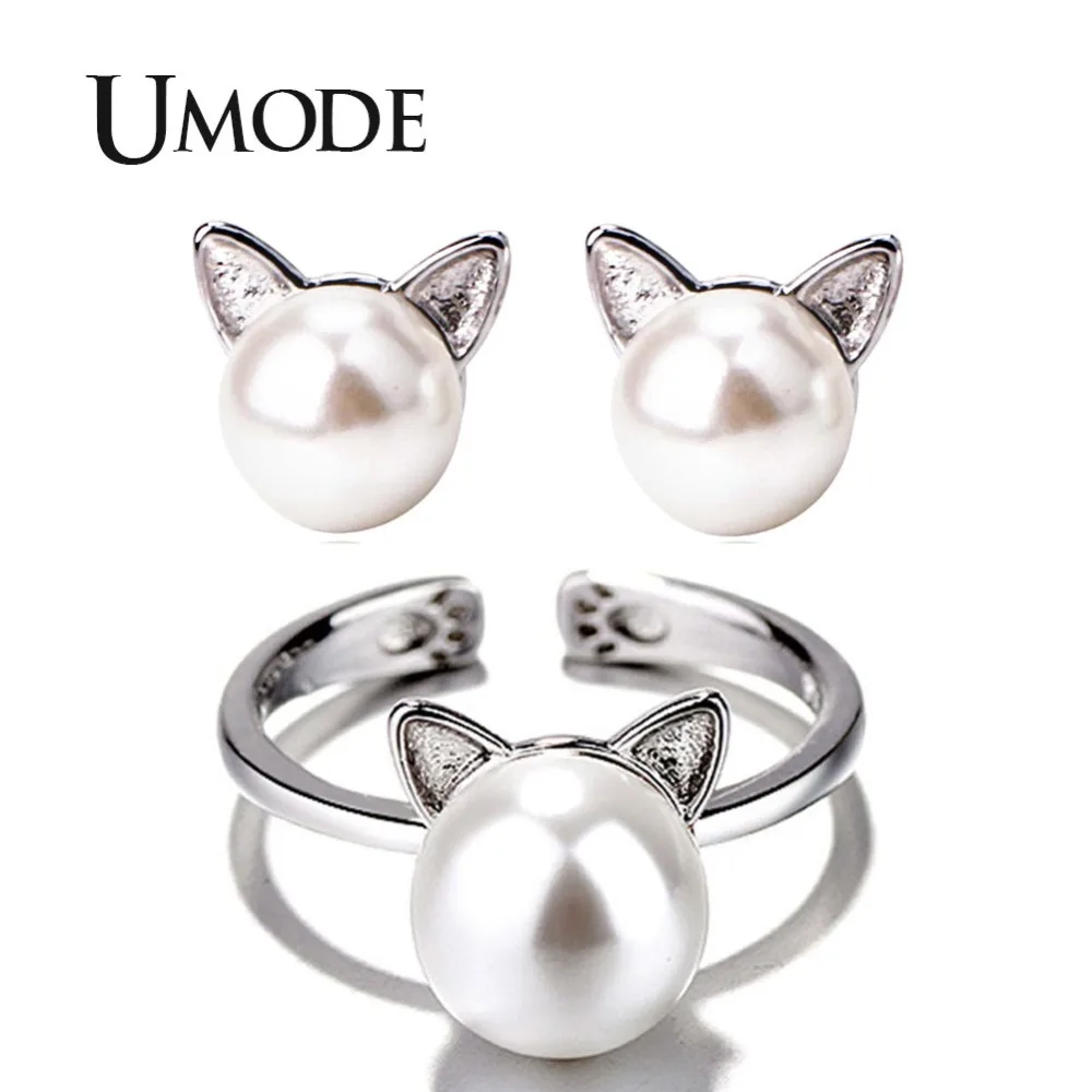 

UMODE Cute White Pearl Cat Ear Jewelry Sets for Women Earring and Open Cuff Ring Set White Gold Color Pearl Cat Jewelry AUS0047