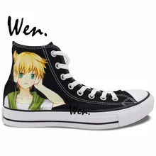 Wen Anime Hand Painted Shoes Design Custom VOCALOID Kagamine Rin Ren Black High Top Man Woman’s Canvas Sneakers for Gifts
