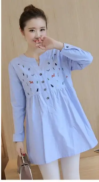 Maternity clothes pleated embroidery cotton maternity shirt spring Maternity clothes pleated embroidery cotton maternity shirt spring