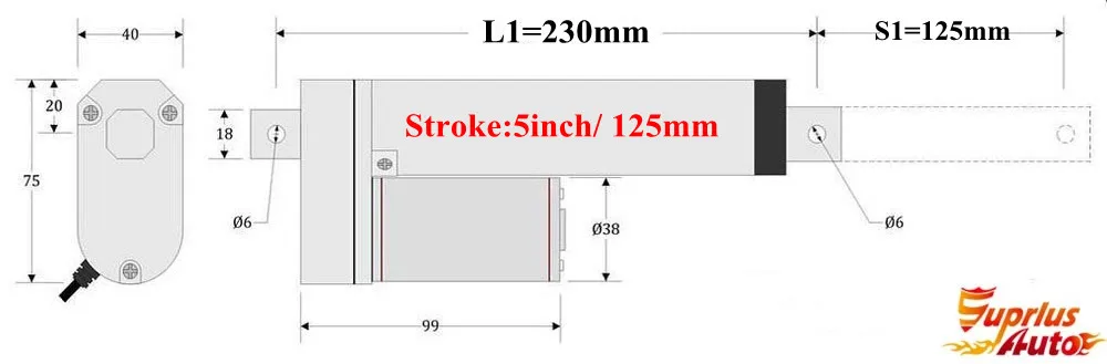 125 мм/5 дюймов ход 900N/90 кг/198lbs нагрузка 12VDC мини линейный привод
