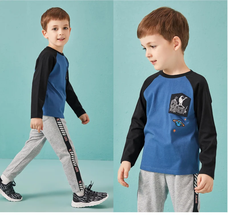 Balabala/Детская футболка с длинными рукавами и вставками; модная футболка для мальчиков с принтом космонавта на кармане
