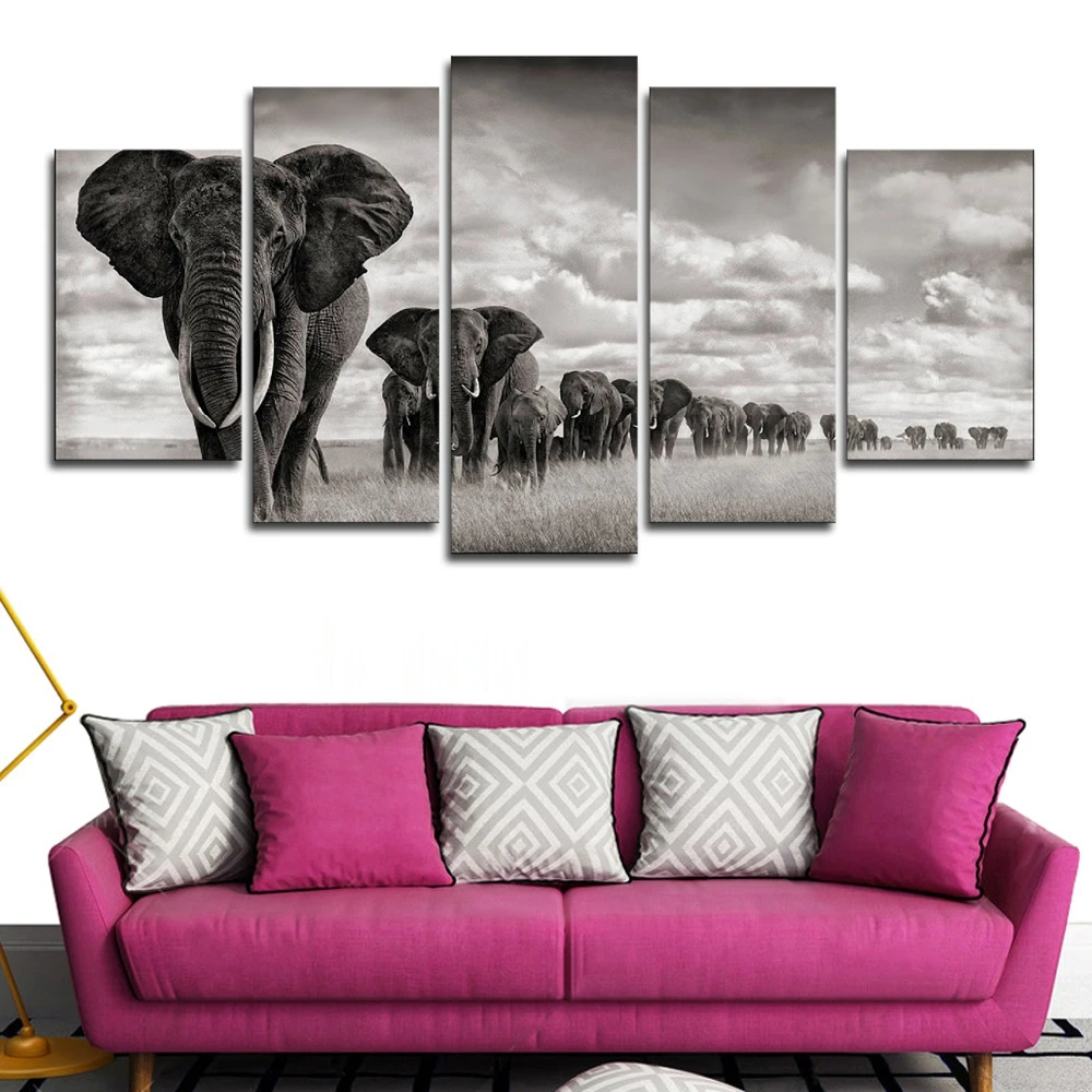

Wall Art Posters Modular Frame HD Printed Pictures 5 Pieces Home Decor Elephant Walking On The Grassland Canvas Paintings PENGDA