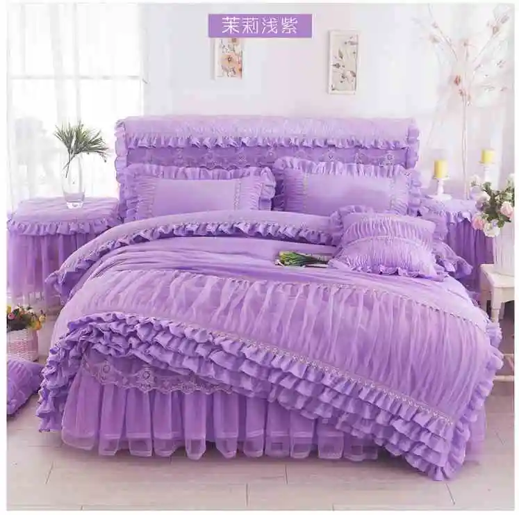 Розовая Принцесса кружева постельное белье королева король мягкая кровать юбка оборки пододеяльник простыня наволочки 4 шт. Комплект постельного белья домашний текстиль - Цвет: Purple