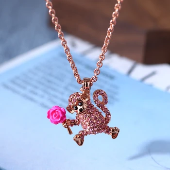 

Fashion Fun design 3D stereo long tail monkey powder drill cute collarbone chain girl necklace
