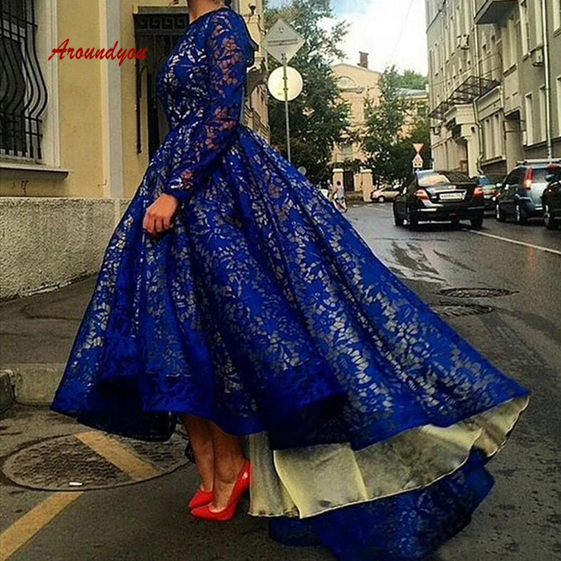 Ярко-синий длинный рукав кружева вечерние платья вечерние Большие размеры Высокая Низкая Саудовская Аравия женские выпускные Формальное вечернее платье