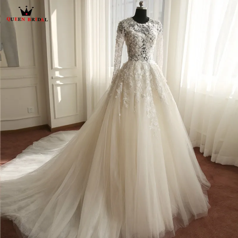 Свадебные платья а-лин с длинным рукавом кружева тюль роскошные романтические Vestidos De Noiva официальное свадебное платье Mariage на заказ размер XJ49R