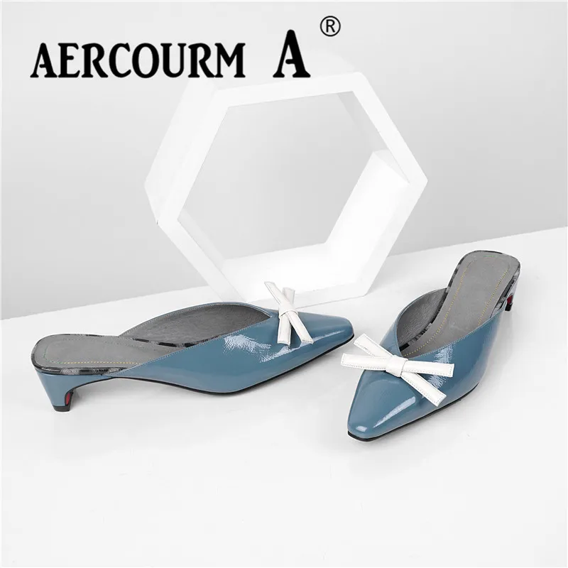 Aercourm A/ г. Женские однотонные разноцветные туфли-лодочки женская обувь из натуральной кожи туфли-лодочки на квадратном среднем каблуке туфли с бантом красного и синего цвета