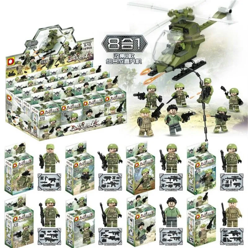 8pcs//lot Military Soldier Figures Building Blocks with Army Weapons Toys Bricks