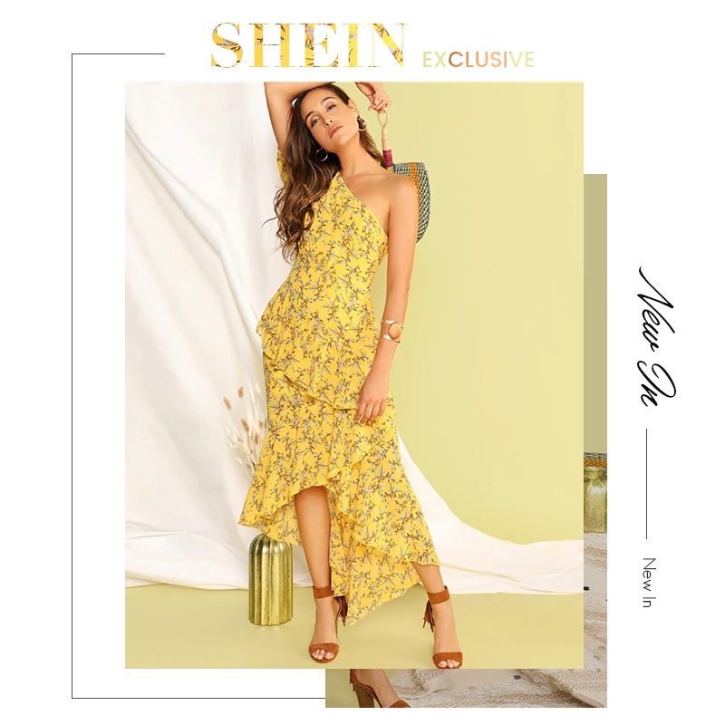 SHEIN Асимметричное Платье С Оборкой И Одним Плечом Женское Желтое Летнее Богемное Платье