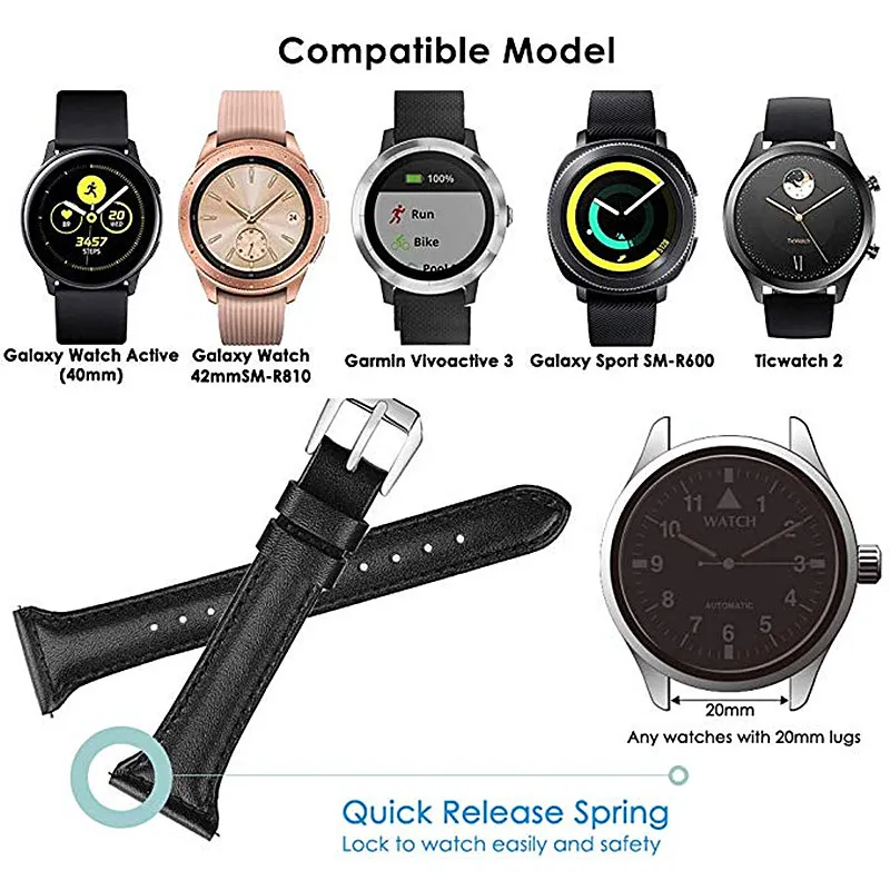 Кожаный ремешок для samsung Galaxy Watch Active/Active 2 Galaxy Watch 42 мм gear Sport 20 мм тонкий ремешок из натуральной кожи