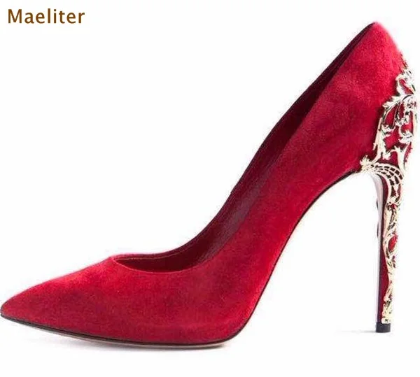 Лидирующий бренд, красные, черные замшевые туфли-лодочки с острым носком модельные туфли на металлическом каблуке с золотыми вырезами свадебные туфли на тонком высоком каблуке, украшенные металлом