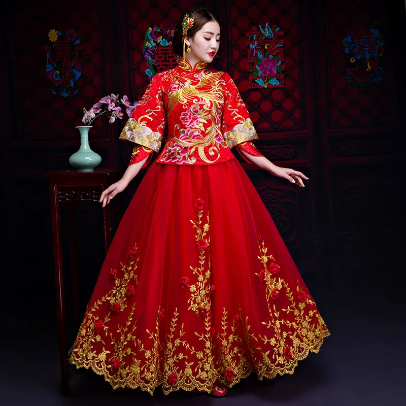 Red Wedding Bride Chinese Style Cheongsam Traditional Lady Long Qipao Embroidery Women/'s Evening Dress marry Clothes S - XXXL Red Wedding Bride Chinese Style Cheongsam Traditional Lady Long Qipao Embroidery Women/'s Evening Dress marry Clothes S - XXXL