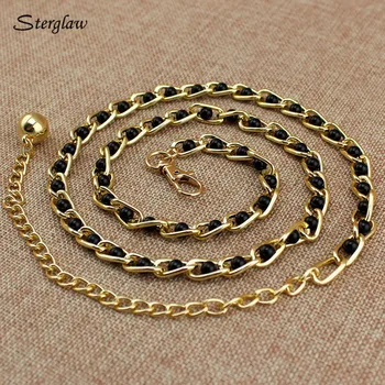

black Metal chain belt with tassels women moda 2020 femenina Candy pearl thin waist chain Women's Belt On dress for girls F108